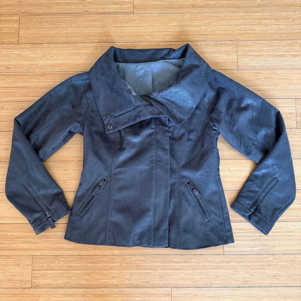 Dark Charcoal Faux Suede Asymmetrical Funnel Neck Jacket Small
